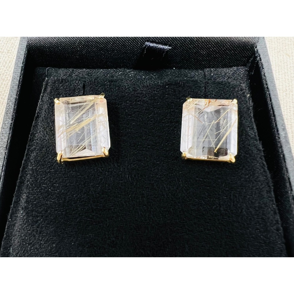 14k Yellow Gold Rutilated Quartz Emerald Cut Stud Earrings